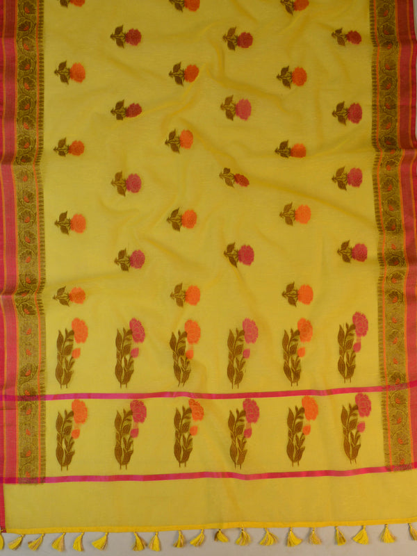 Banarasee Handloom Pure Linen Cotton Resham Buta Saree-Yellow