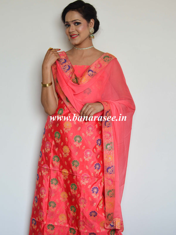 Banarasee Salwar Kameez Semi Katan Silk Zari Buti Fabric With Chiffon Dupatta-Peach