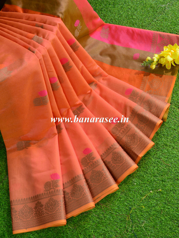 Banarasee Chanderi Cotton Saree With Resham Buti & Border-Peach