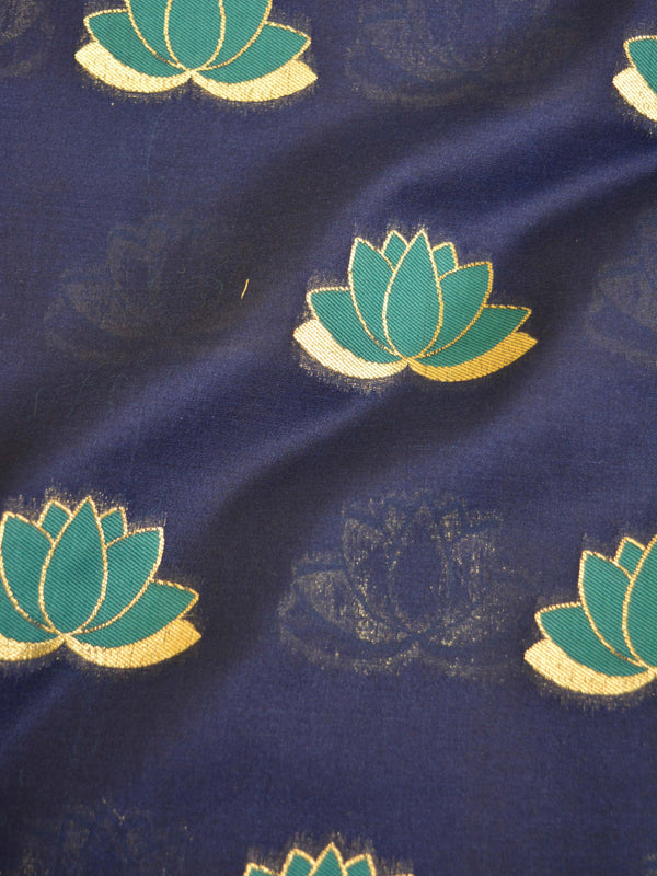 Banarasee Semi Katan Silk Lotus Buti Design Fabric-Deep Blue