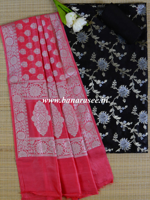 Banarasee Salwar Kameez Glossy Cotton Silk Silver Woven Buti Fabric-Black & Pink