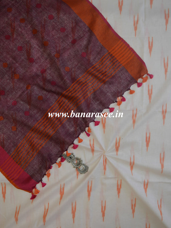 Bhagalpuri Pure Ikkat Kameez With Wine Linen Dupatta-White