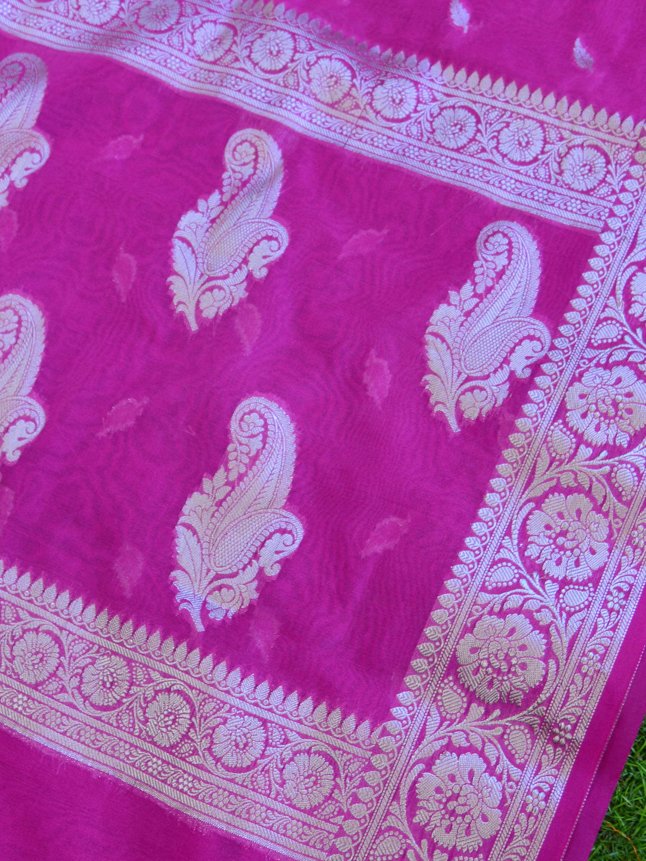Banarasee Handwoven Semi-Chiffon Saree With Silver Zari-Pink
