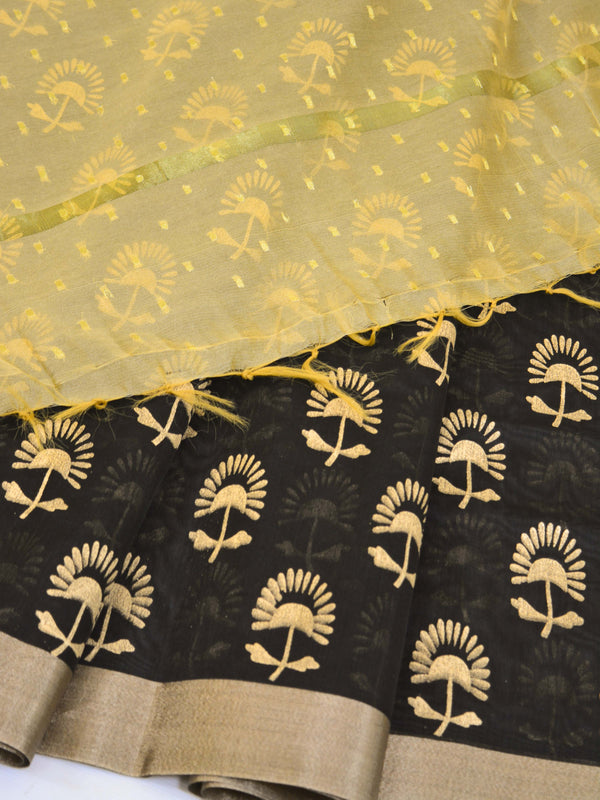Banarasee Hand-Block Printed Chanderi Salwar Kameez Fabric With Golden Dupatta-Black