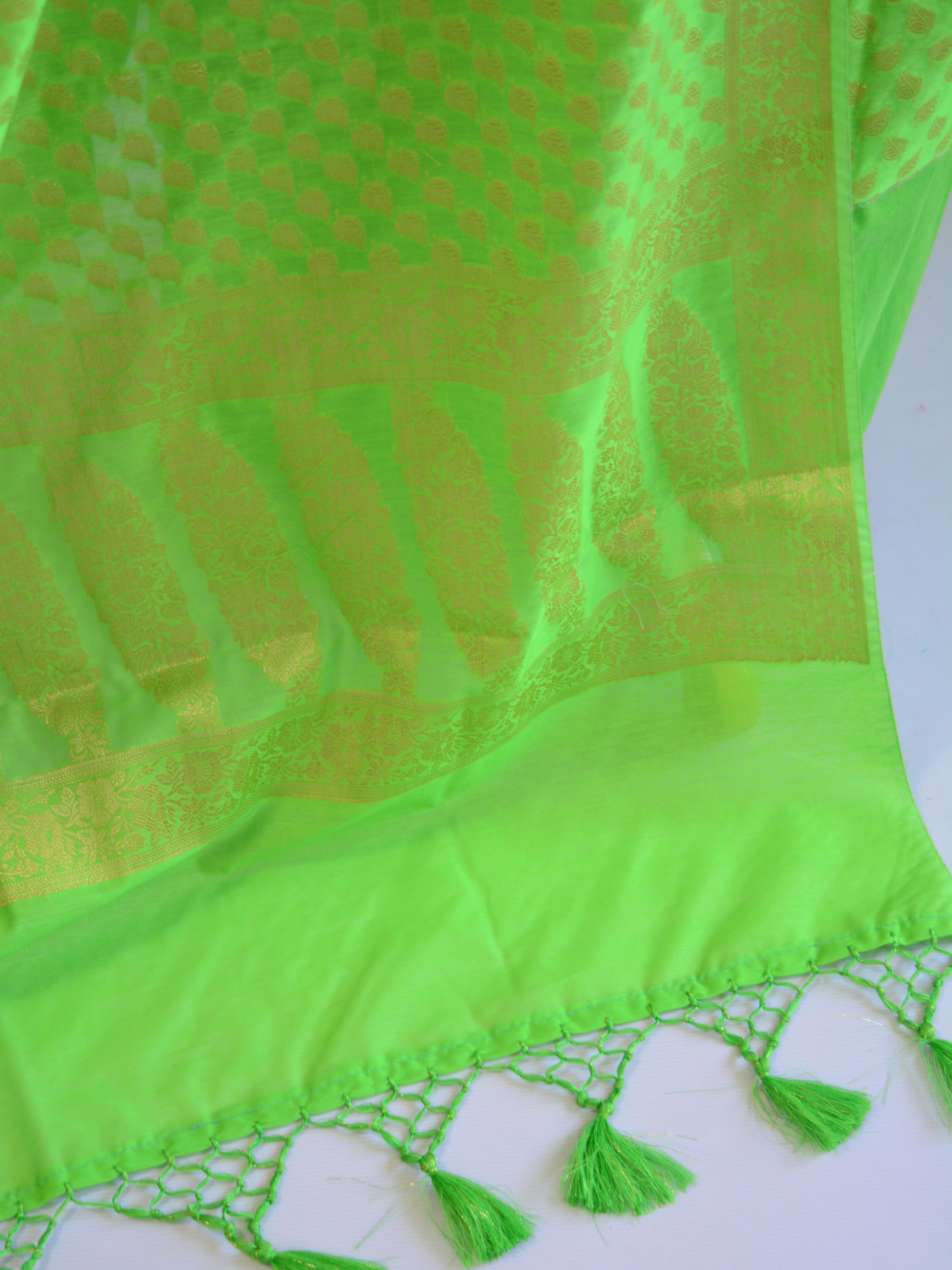 Banarasee Salwar Kameez Cotton Silk Gold Zari Buti Woven Fabric-Neon Green