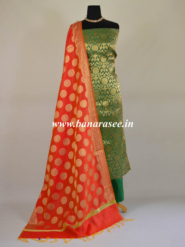 Banarasee Handwoven Brocade Salwar Kameez Fabric With Chanderi Cotton Dupatta-Green