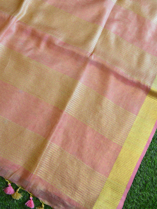 Banarasee Handloom Pure Linen By Tissue Embroidered Saree-Peach(Gold Tone)