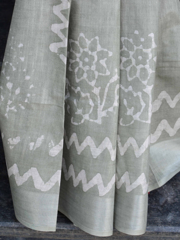 Bhagalpur Handloom Pure Linen Cotton Hand-Dyed Batik Pattern Saree-Grey