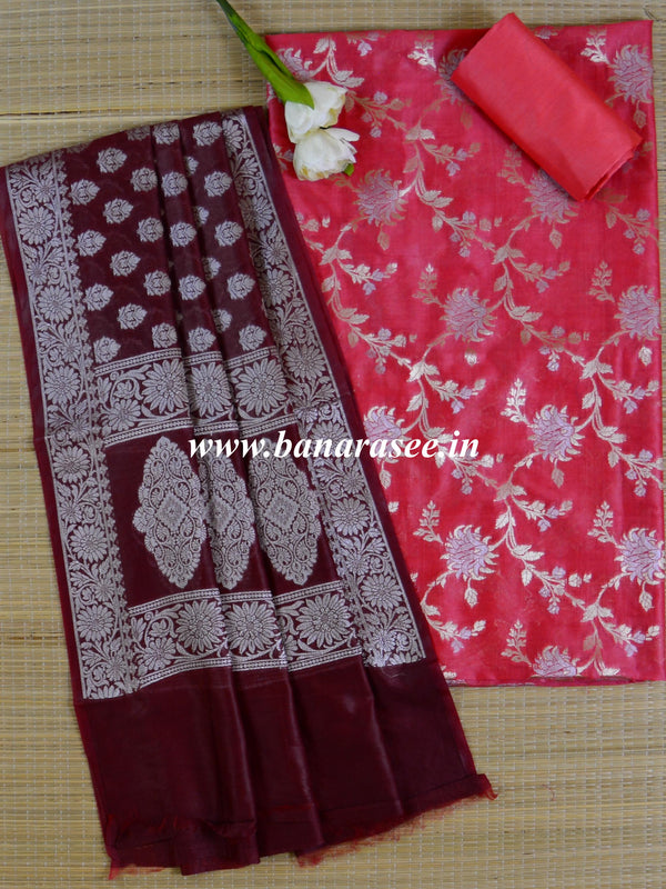 Banarasee Salwar Kameez Glossy Cotton Silk Silver Woven Buti Fabric-Pink & Maroon