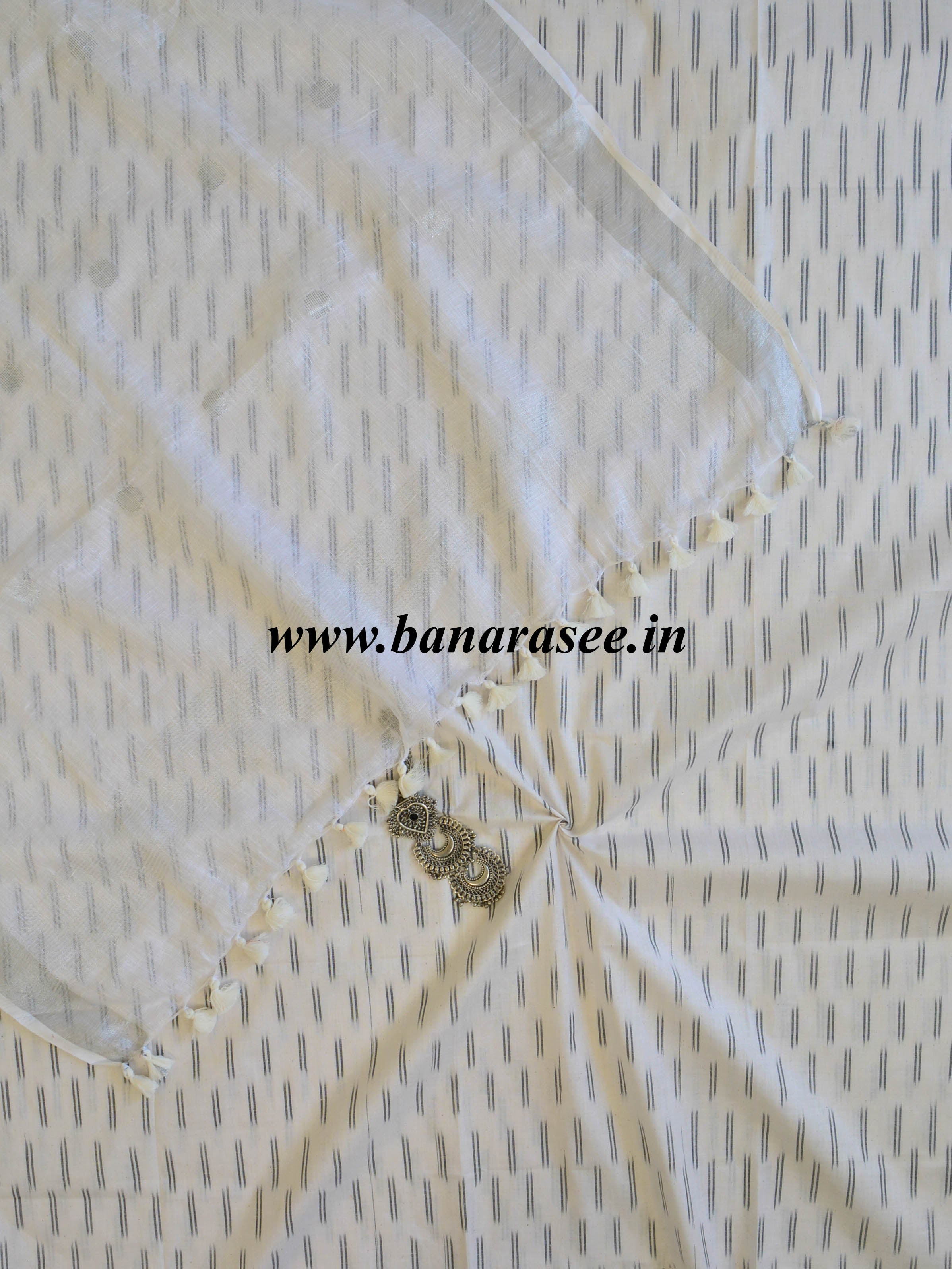 Bhagalpuri Pure Ikkat Kameez With Linen Dupatta-White