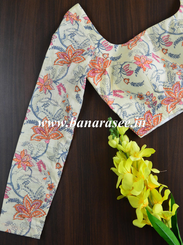Pure Cotton Handblock Printed Blouse With Full Sleeves-White