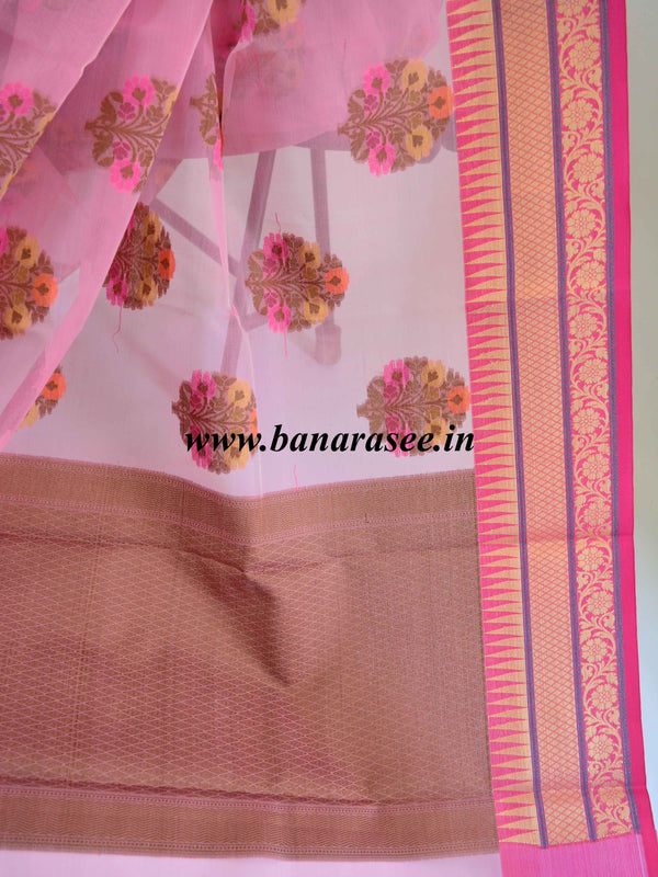 Banarasee Organza Mix Saree With Multicolor Floral Buta & Zari Border-Pink