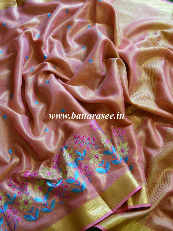 Banarasee Handloom Pure Linen By Tissue Embroidered Saree-Peach(Gold Tone)