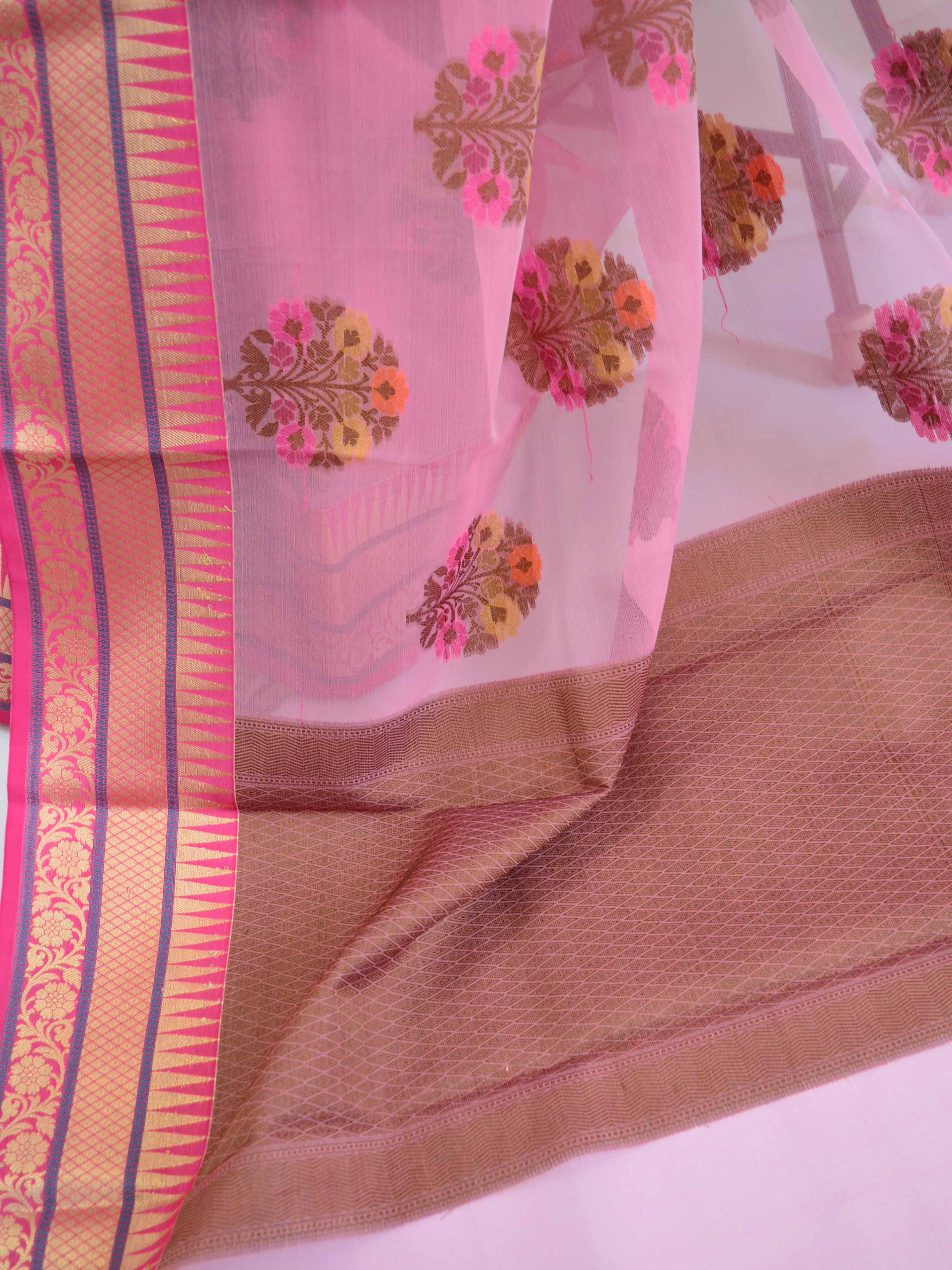 Banarasee Organza Mix Saree With Multicolor Floral Buta & Zari Border-Pink
