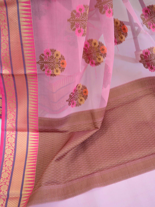 Banarasee Organza Mix Saree With Multicolor Floral Buta & Zari Border-Pink
