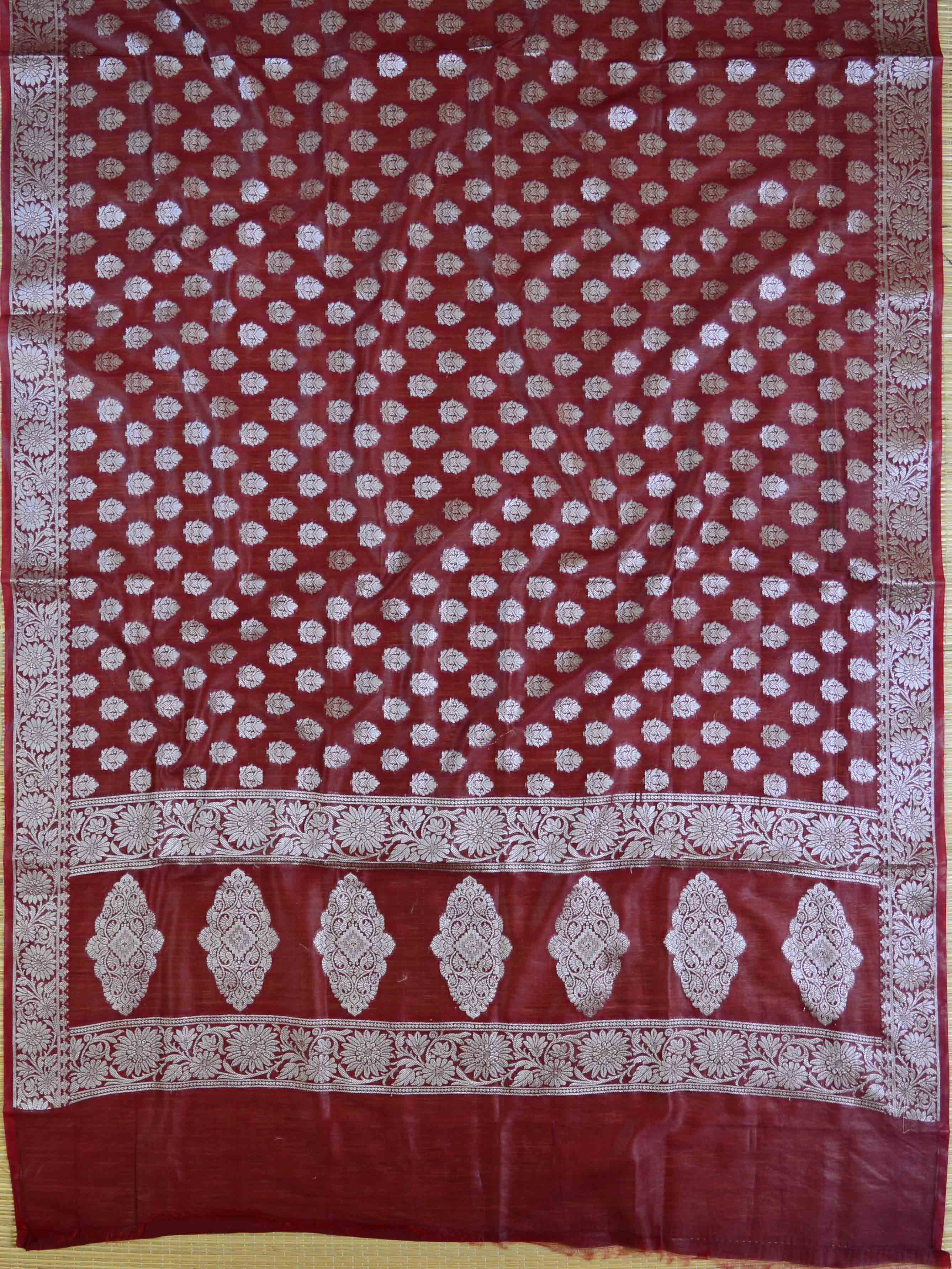 Banarasee Salwar Kameez Glossy Cotton Silk Silver Woven Buti Fabric-Pink & Maroon