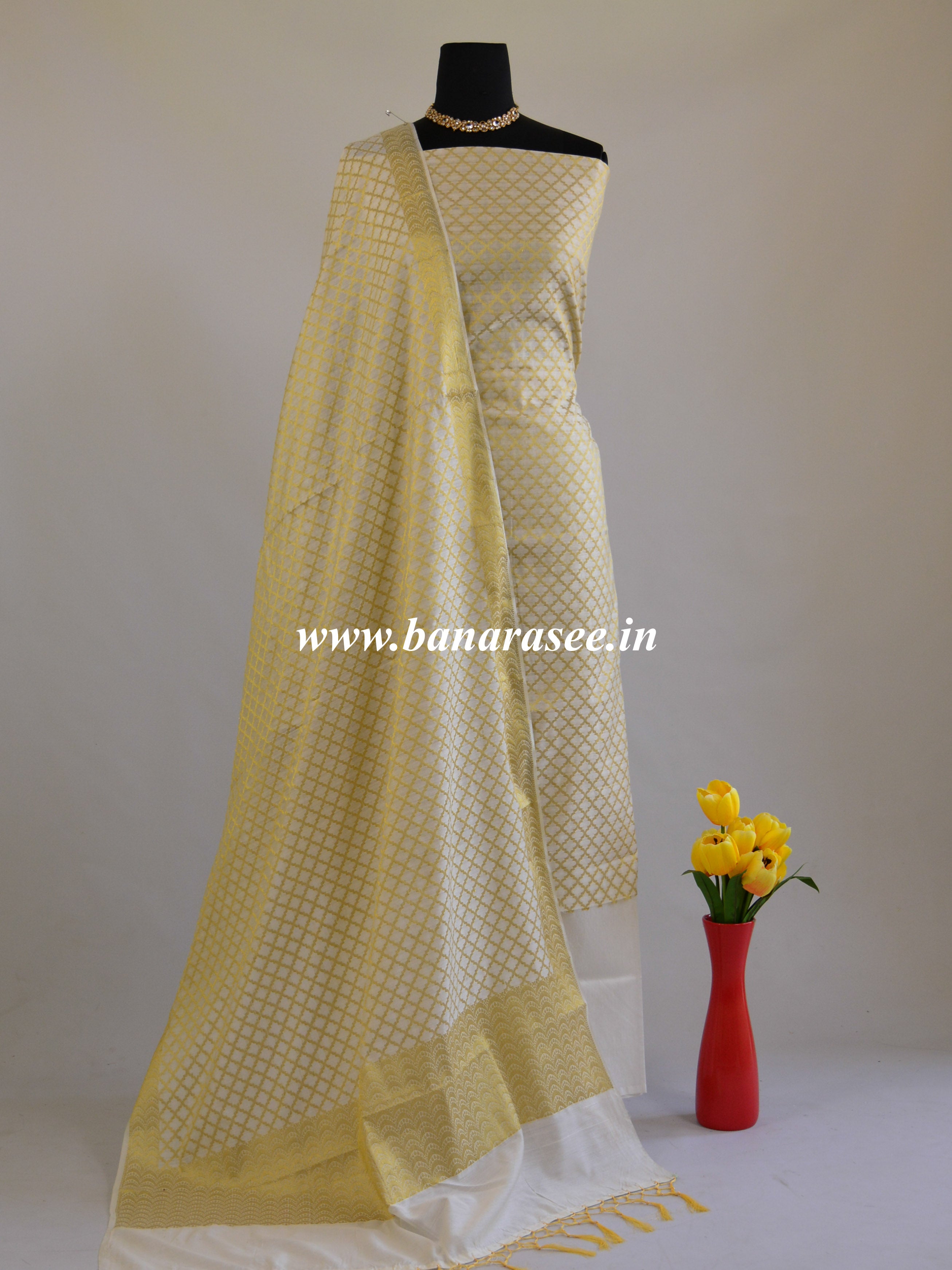 Banarasee Salwar Kameez Cotton Silk Gold Zari Jaal Woven Fabric-Off white