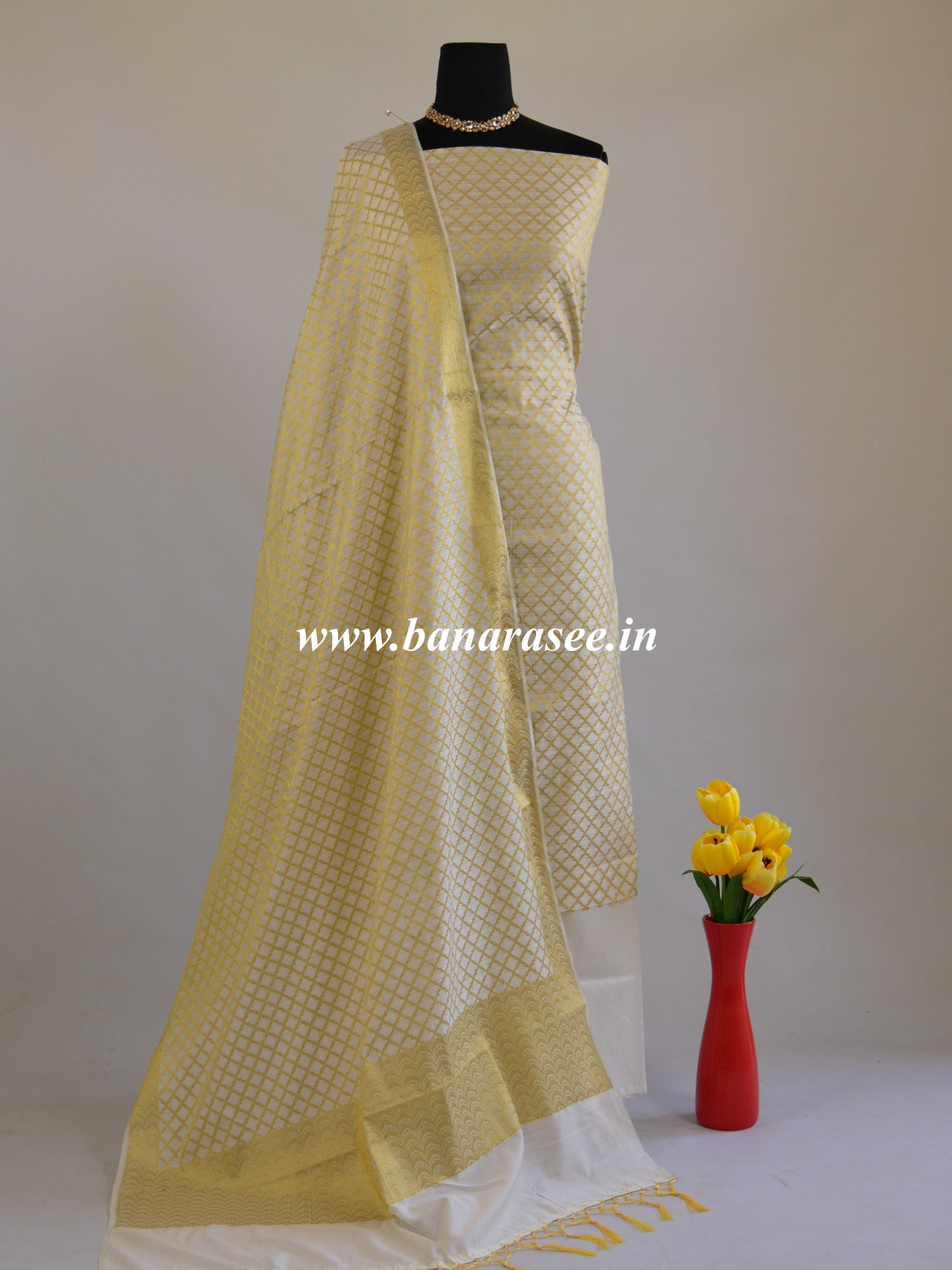 Banarasee Salwar Kameez Cotton Silk Gold Zari Jaal Woven Fabric-Off wh Banarasee Salwar Kameez Cotton Silk Gold Zari Jaal Woven Fabric-Off wh