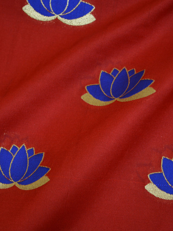 Banarasee Semi Katan Silk Lotus Buti Design Fabric-Red
