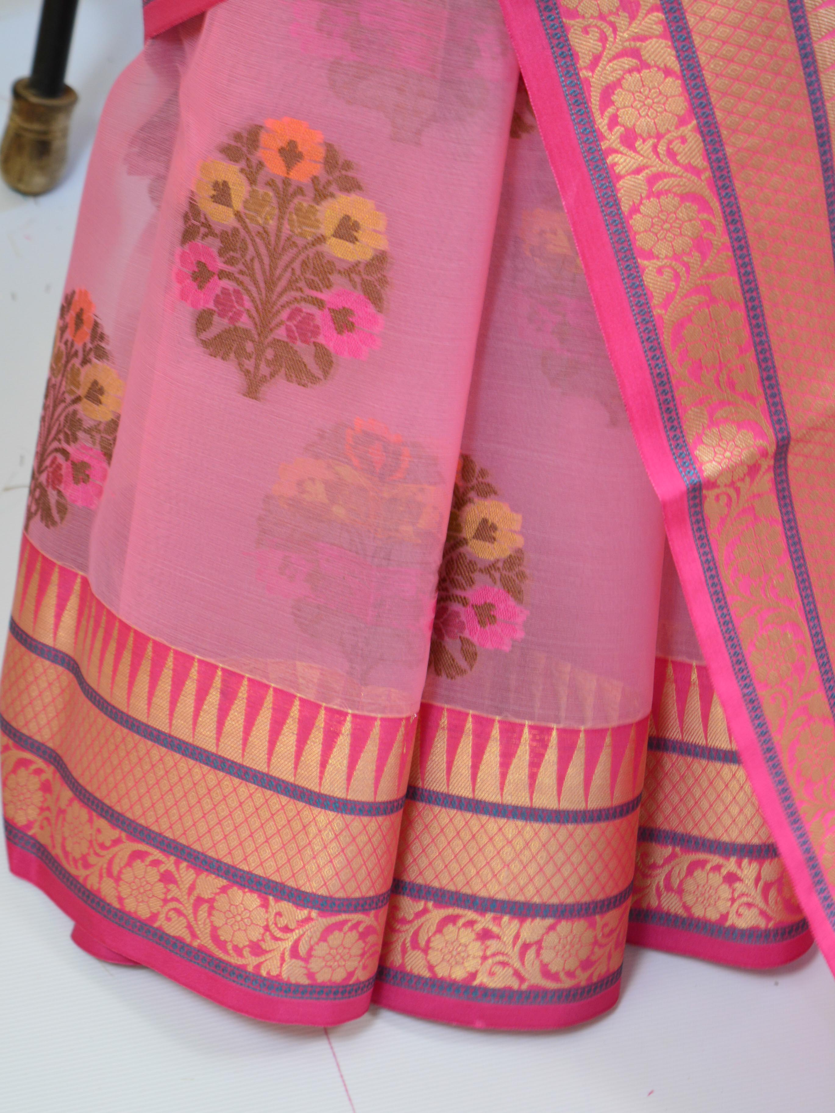 Banarasee Organza Mix Saree With Multicolor Floral Buta & Zari Border-Pink