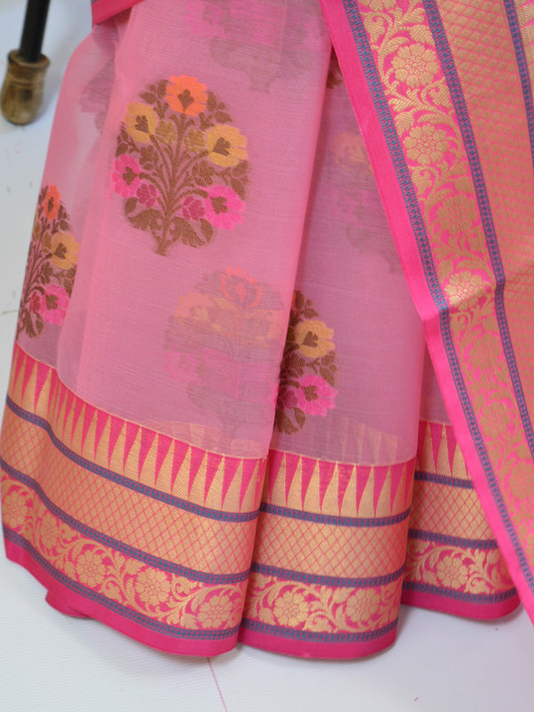 Banarasee Organza Mix Saree With Multicolor Floral Buta & Zari Border-Pink
