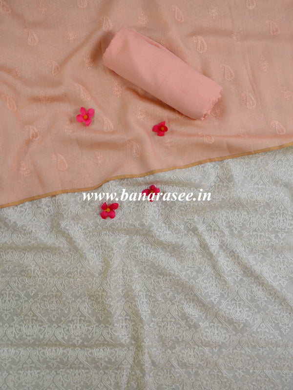 Chikankari Handloom Chanderi Cotton Salwar Kameez Set-White & Peach