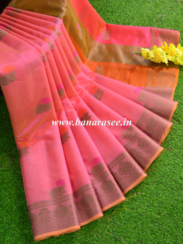 Banarasee Chanderi Cotton Saree With Resham Buti & Border-Pink