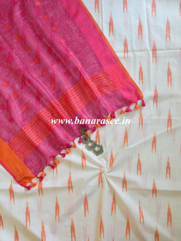 Bhagalpuri Pure Ikkat Kameez With Pink Linen Dupatta-White
