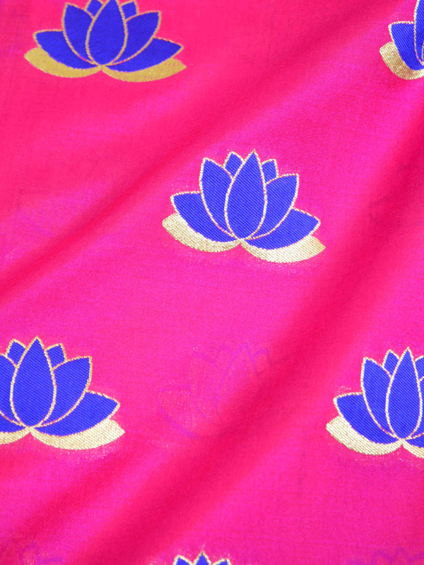 Banarasee Semi Katan Silk Lotus Buti Design Fabric-Magenta