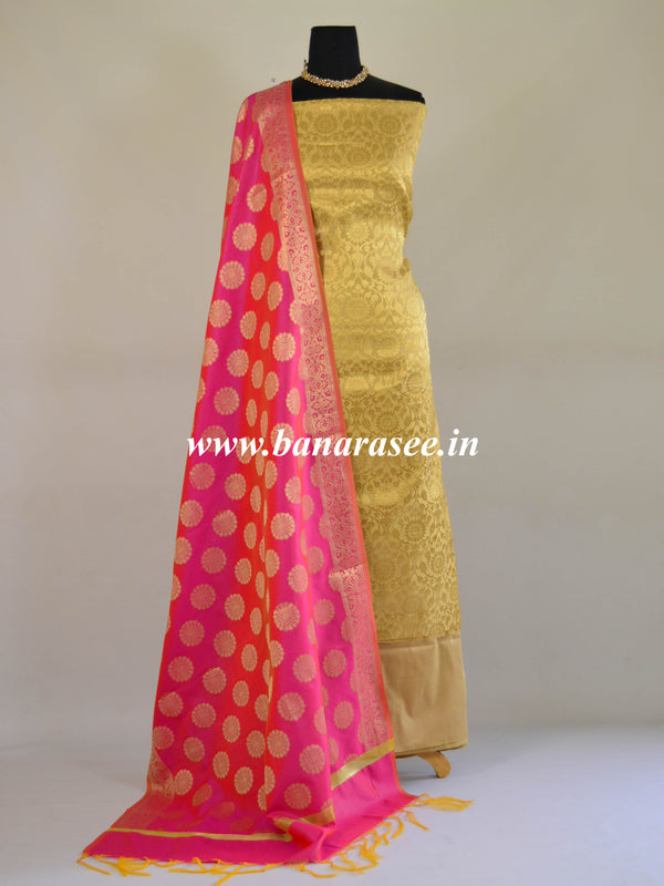 Banarasee Handwoven Brocade Salwar Kameez Fabric With Chanderi Cotton Dupatta-Gold