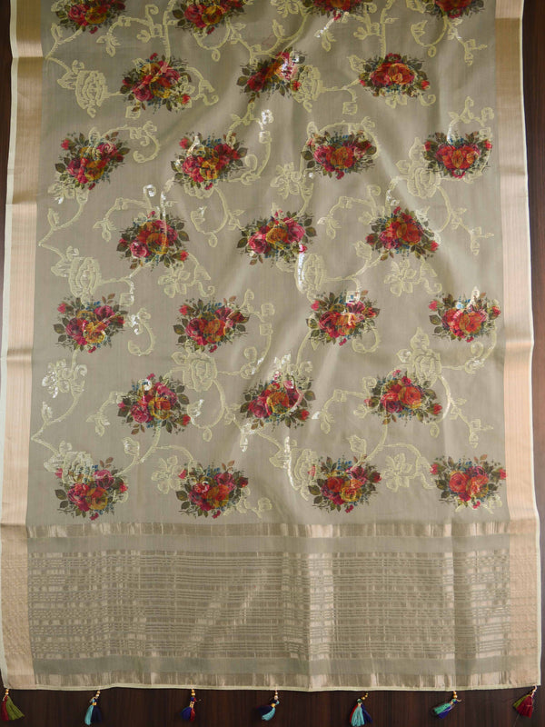 Banarasee Organza Silk Saree With Digital Print & Red Embroidered Blouse-Green