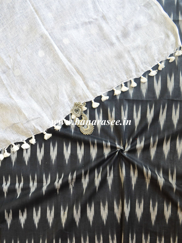 Bhagalpuri Pure Ikkat Kameez With White Linen Dupatta-Black
