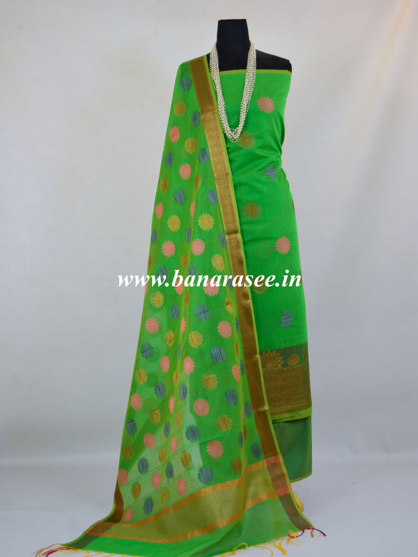 Banarasee Chanderi Cotton Salwar Kameez Fabric With Resham Buta Design-Green