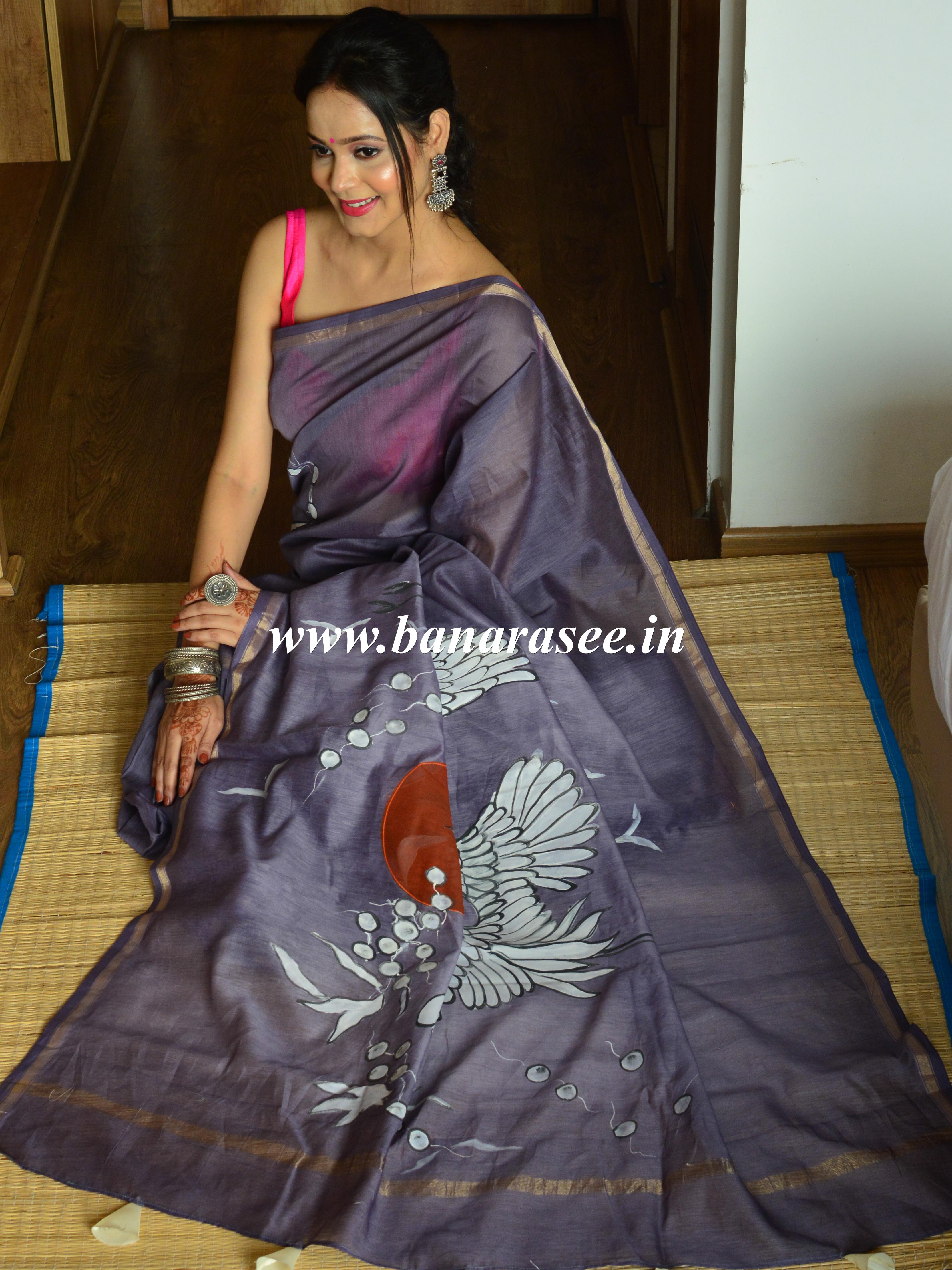 Banarasee Chanderi Handpainted Saree-Purple