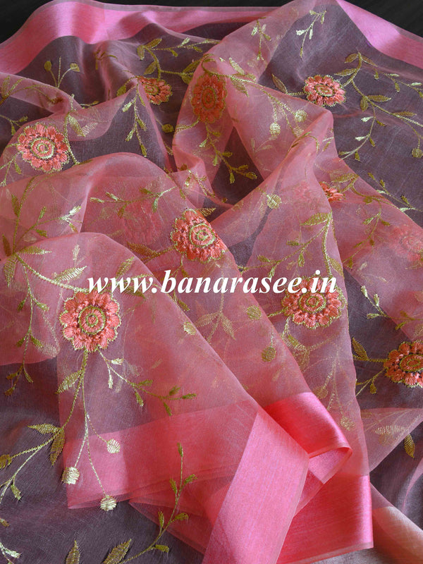 Banarasee Embroidered Gold Jaal Design Organza Dupatta-Peach