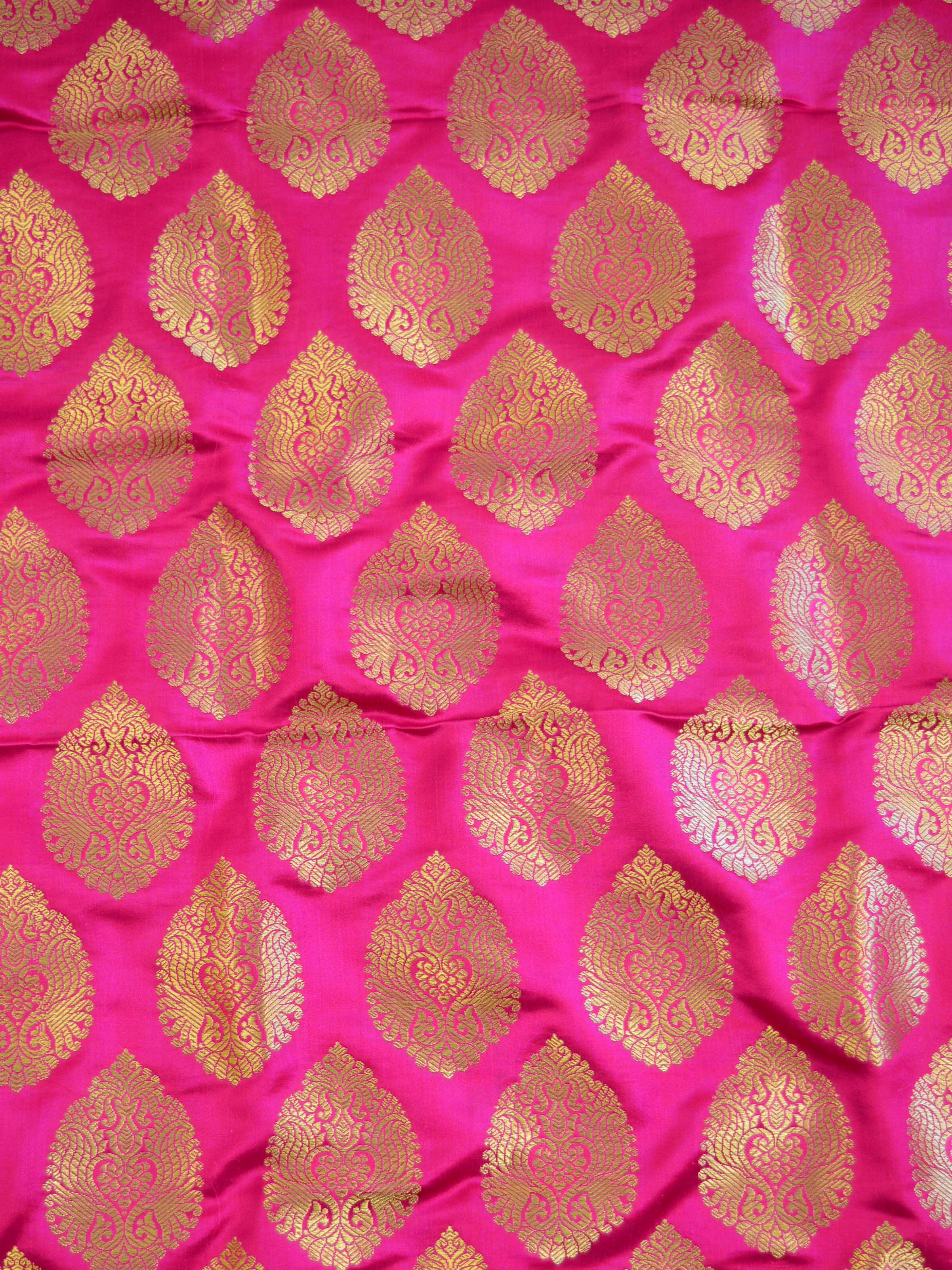 Banarasee Satin Brocade Antique Gold Zari Leaf Buti Design Fabric-Hot Pink