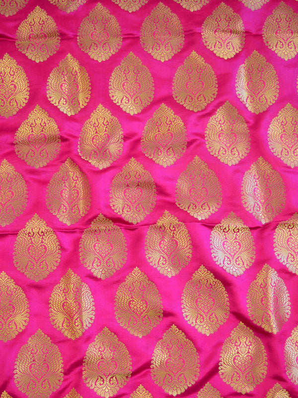 Banarasee Satin Brocade Antique Gold Zari Leaf Buti Design Fabric-Hot Pink