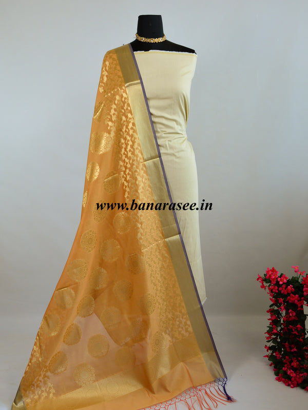 Banarasee Cotton Silk Gold Zari Big Buta Dupatta-Beige