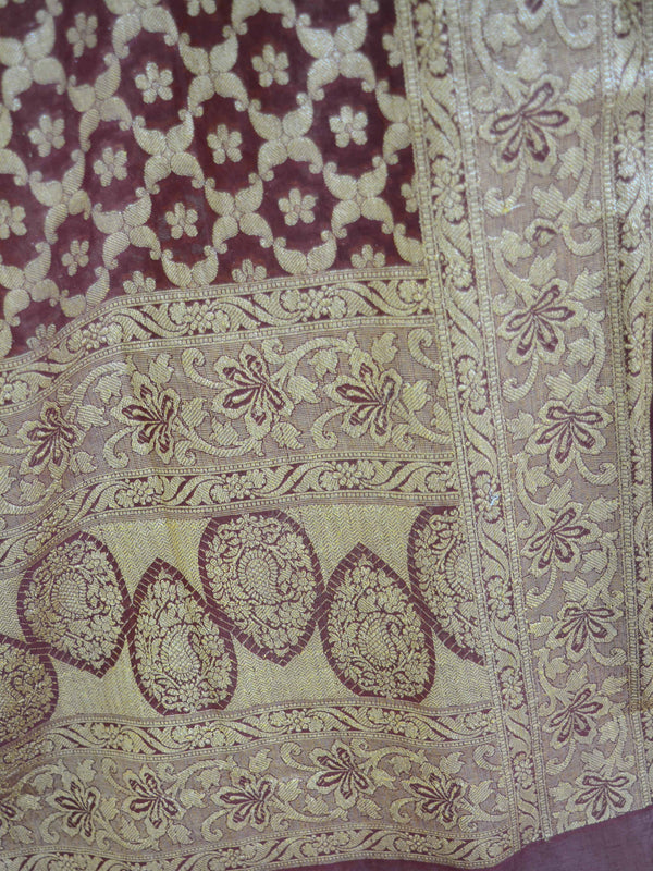 Banarasee Salwar Kameez Cotton Silk Gold Zari Buti Woven Fabric-Coffee Brown