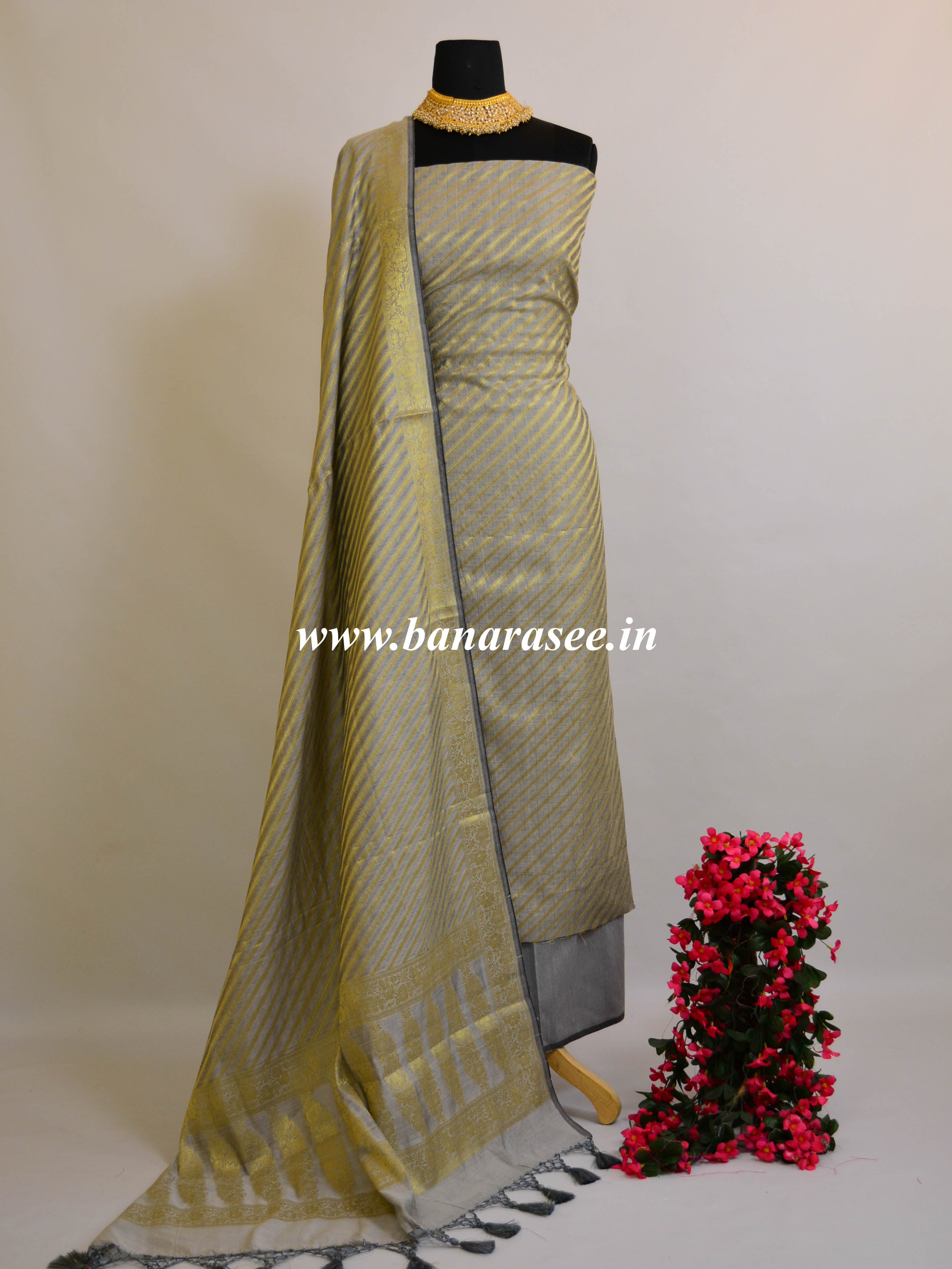 Banarasee Salwar Kameez Cotton Silk Gold Zari Stripes Woven Fabric-Gre Banarasee Salwar Kameez Cotton Silk Gold Zari Stripes Woven Fabric-Gre