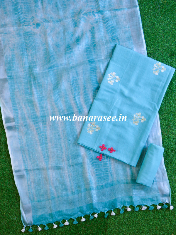 Handwoven Linen Salwar Kameez & Dupatta With Hand-Embroidered Work-Sky Blue