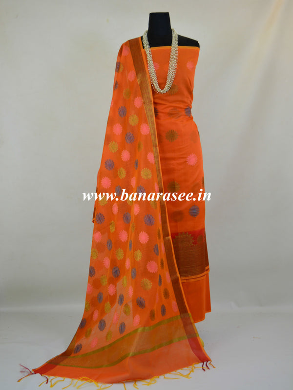 Banarasee Chanderi Cotton Salwar Kameez Fabric With Resham Buta Design-Orange