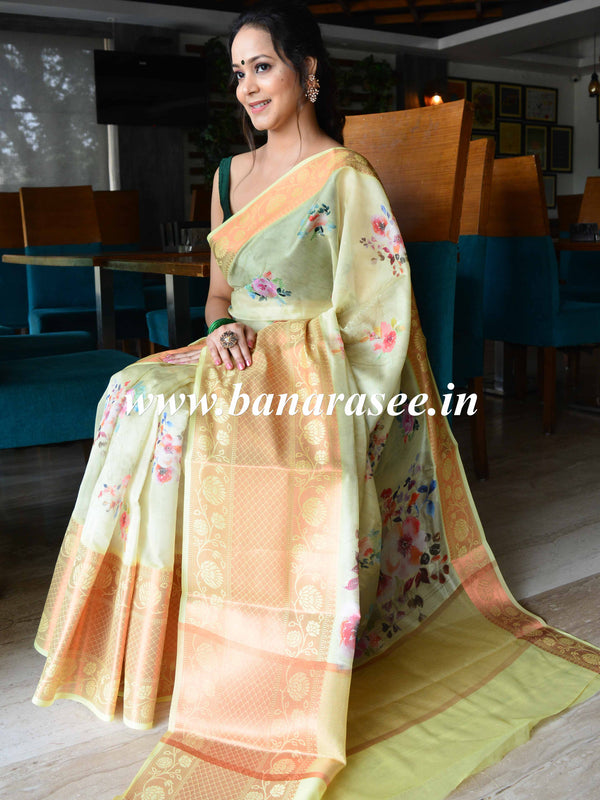 Banarasee Organza Silk Saree With Digital Floral Print & Zari Border-Yellow