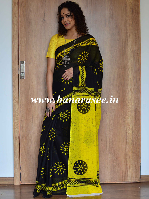 Handloom Mul Cotton Block Print Saree-Black & Yellow