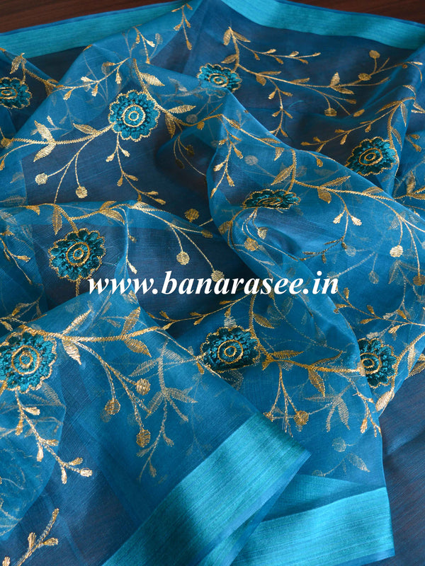 Banarasee Embroidered Gold Jaal Design Organza Dupatta-Green