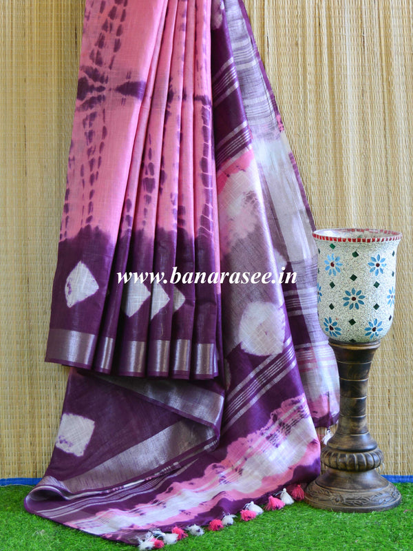 Bhagalpur Handloom Pure Linen Cotton Hand-Dyed Shibori Pattern Saree-Pink & Purple