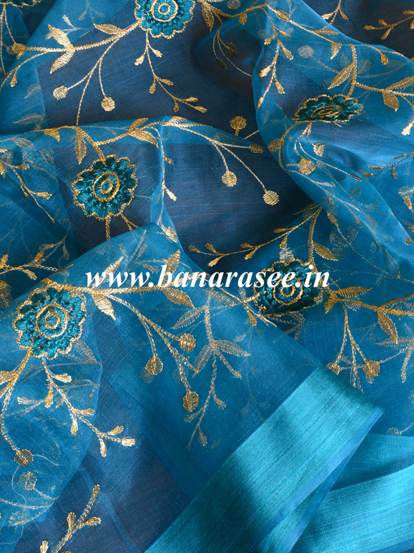 Banarasee Embroidered Gold Jaal Design Organza Dupatta-Green