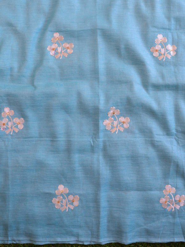 Handwoven Linen Salwar Kameez & Dupatta With Hand-Embroidered Work-Sky Blue