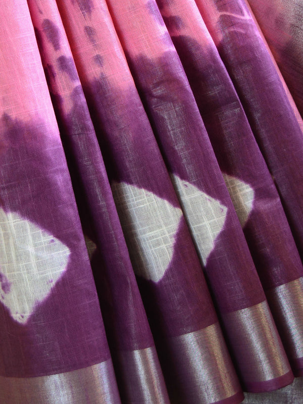 Bhagalpur Handloom Pure Linen Cotton Hand-Dyed Shibori Pattern Saree-Pink & Purple