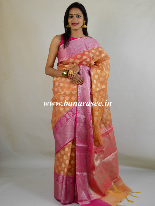 Banarasee Handwoven Broad Silver Border Tissue Saree-Peach